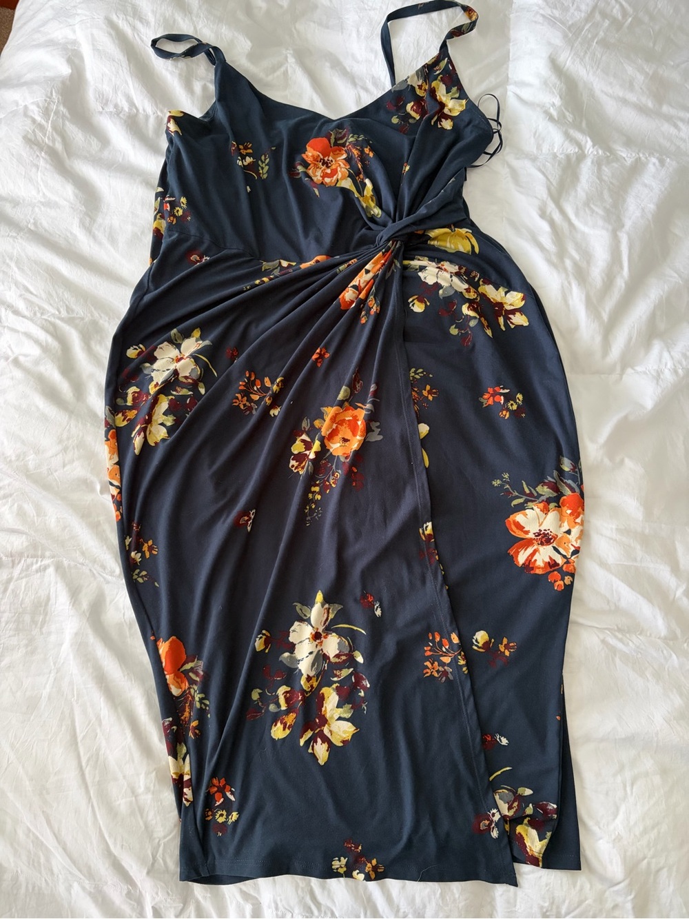 nine britton Navy Floral Midi Dress with Orange and Cream Blooms